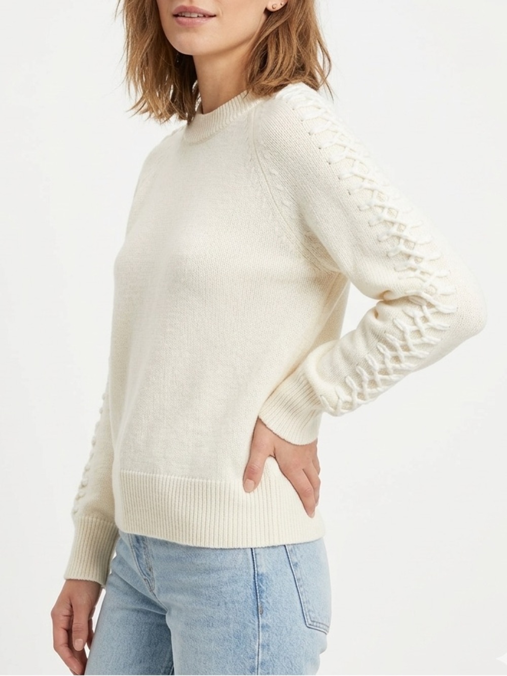NWT Alpha Studio Laced Sleeve Wool Blend Sweater Cream FLAW Sz 44